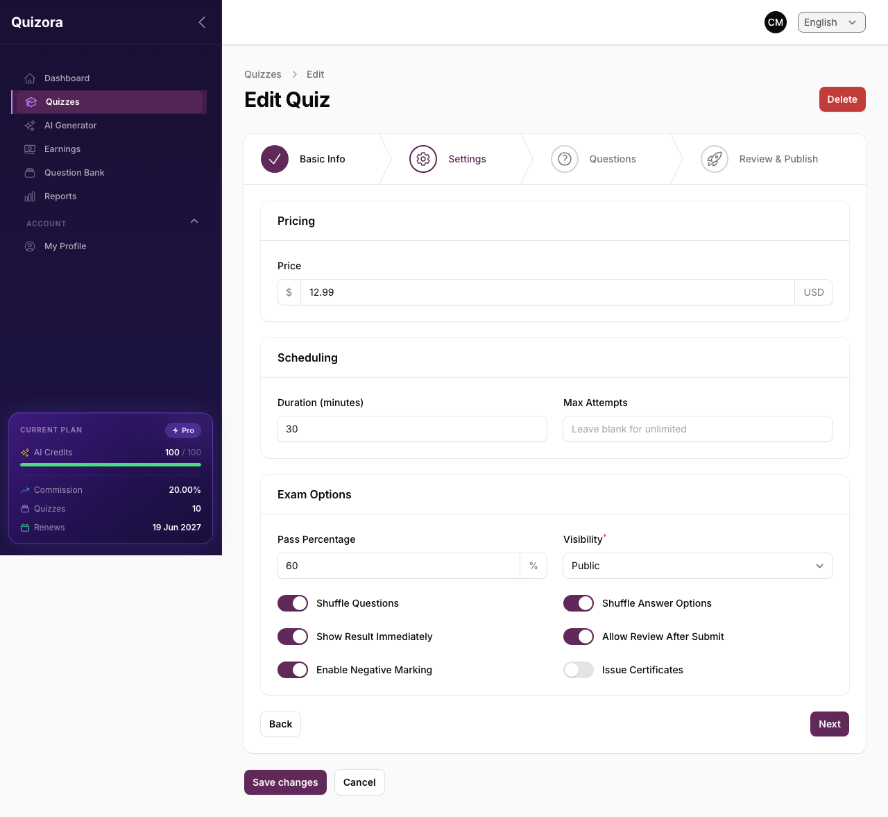 Quiz Creation — Settings