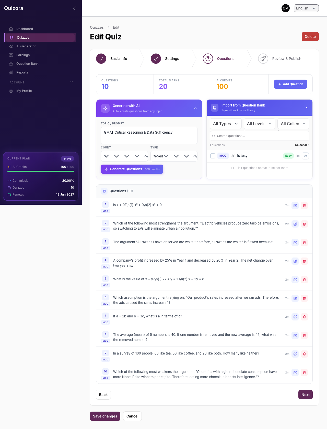 Quiz Creation — Questions Editor