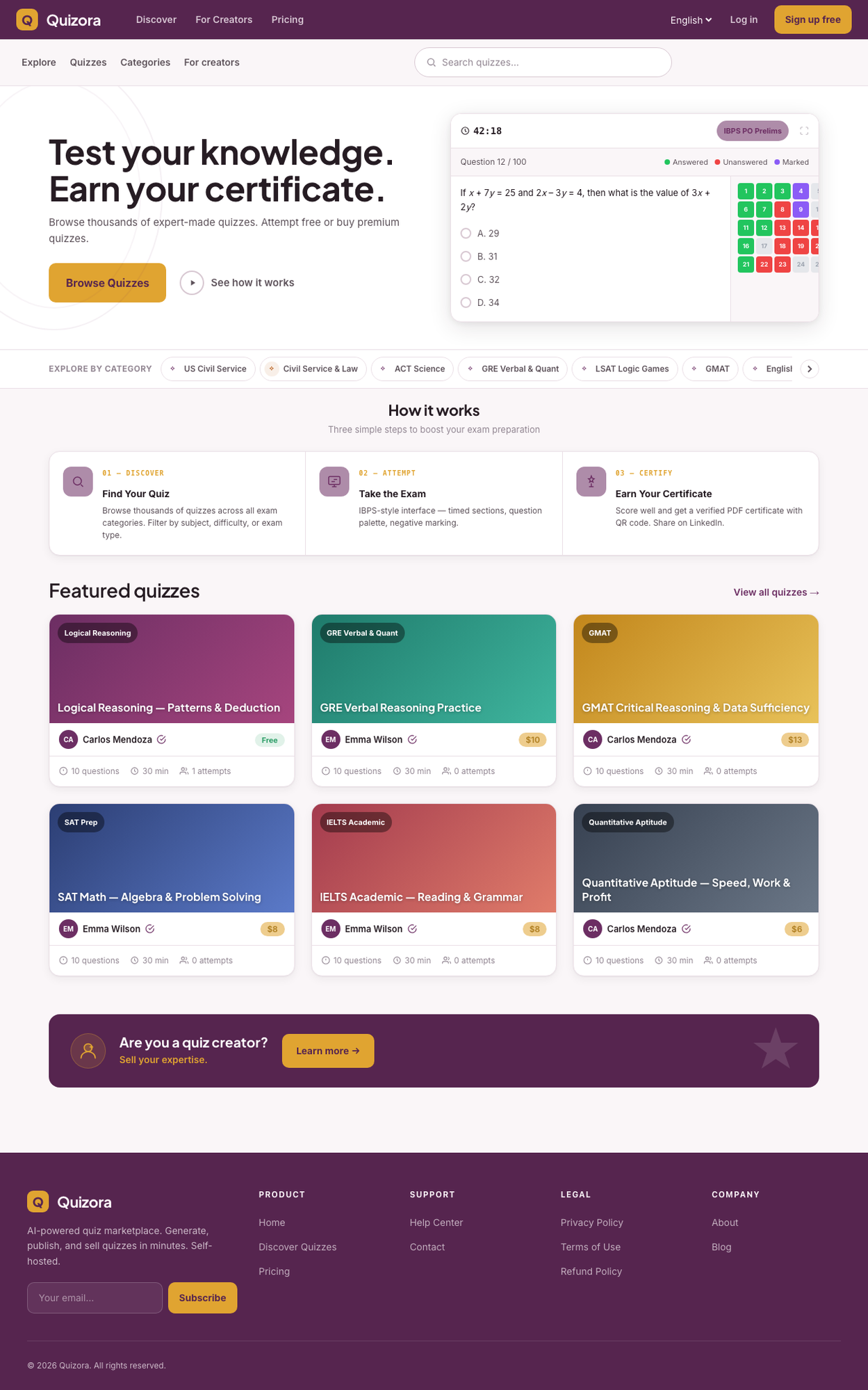 Quizora Homepage